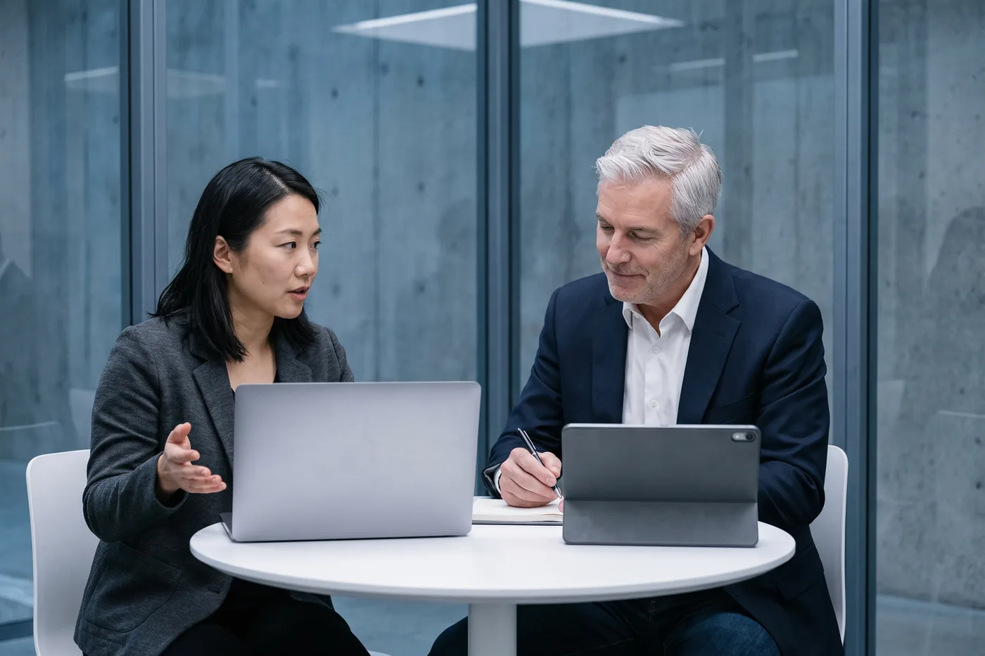 A web contractor and a client reviewing a website on a laptop and a tablet