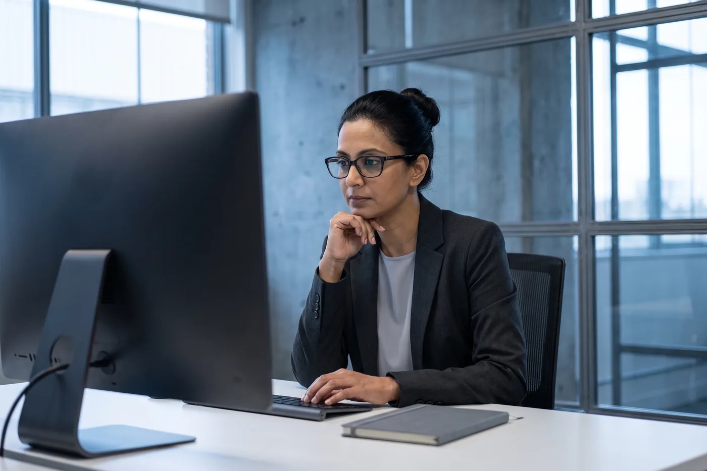 A security reviewer reading closely at a desktop monitor