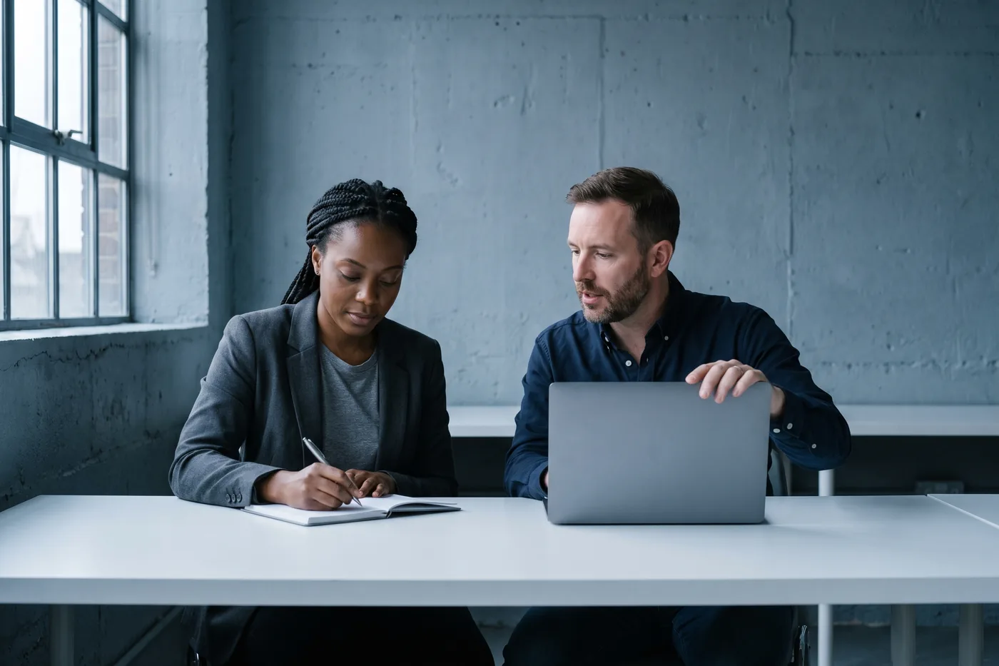 Two colleagues at a desk, one writing a question, one at a laptop