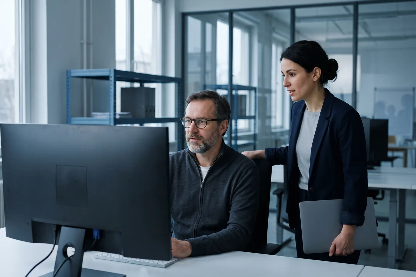 A product lead beside an engineer at his desk, both reading one monitor