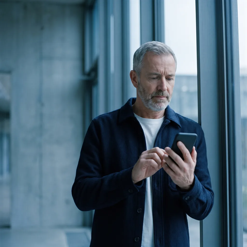 A website visitor by a window, typing a message on a phone